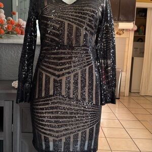 Black Sequin Long Sleeve Dress